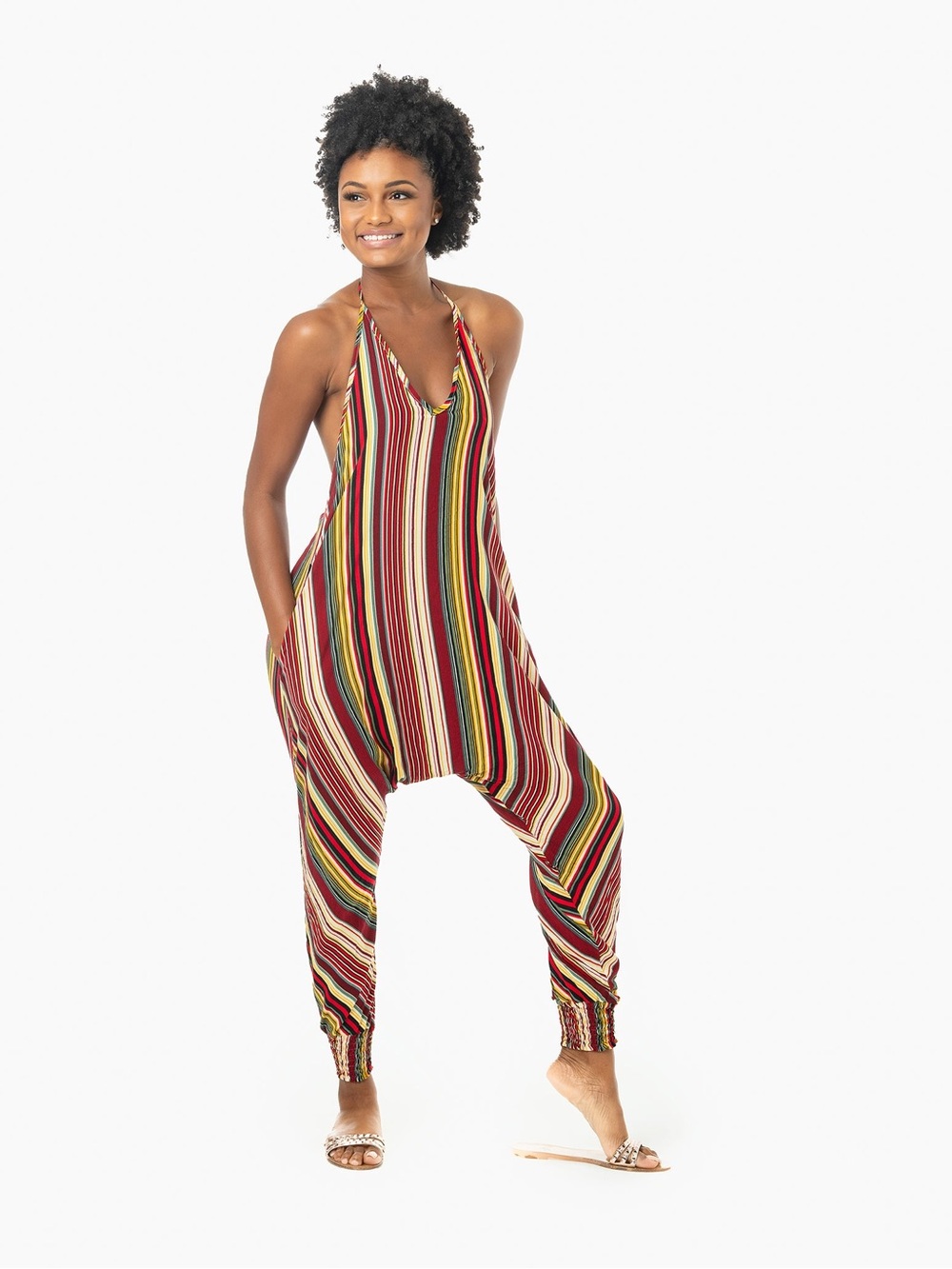 Striped Halter Harem Jumpsuit in Multi-Color Stripe